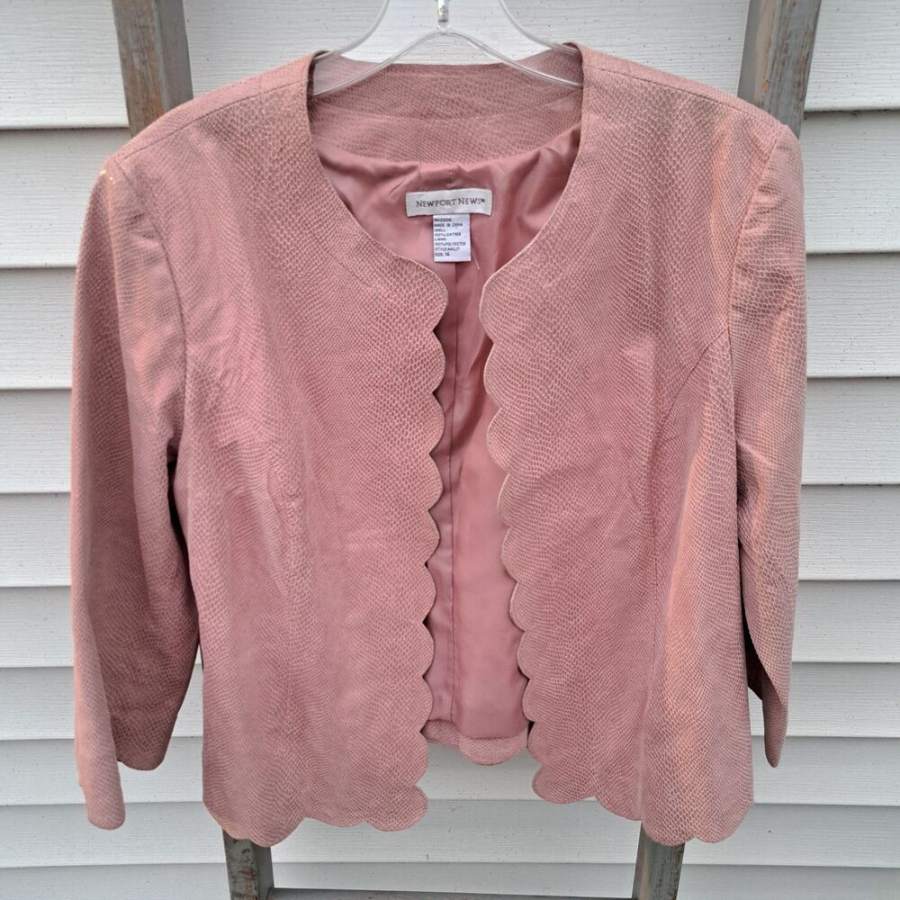 Newport News Womens Leather Size 14 Large Open Front Scallop Blazer Jacket Pink - Picture 2 of 9